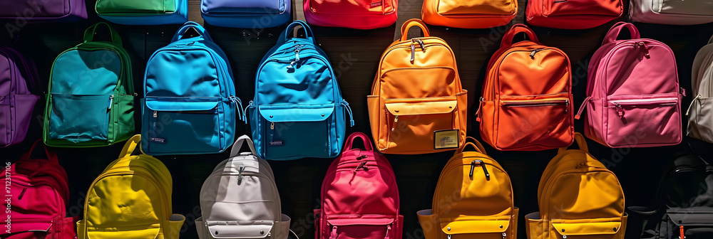 A row of colorful backpacks and bags on a shelf. created with technology - obrazy, fototapety, plakaty 