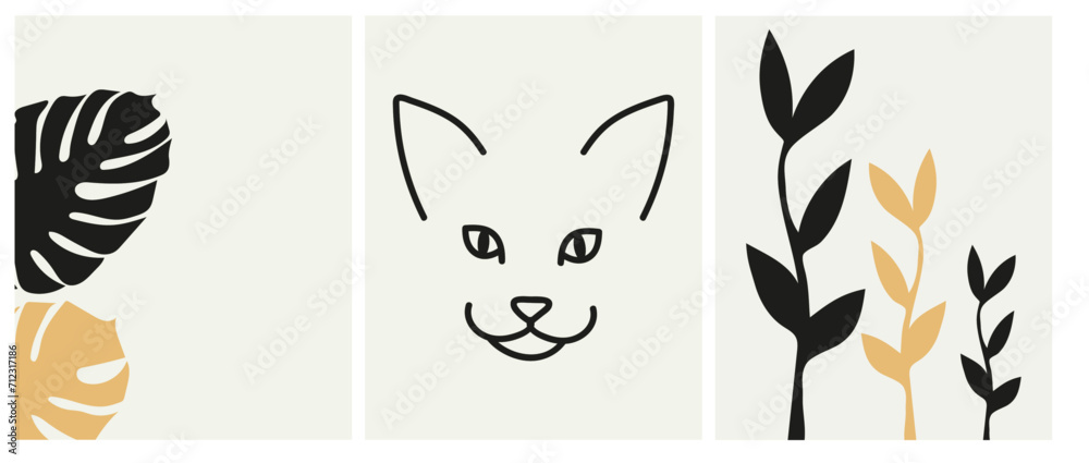 Collection of modern simple minimalistic abstract illustrations in boho style: linear silhouette of a cat and monstera leaves on a beige background