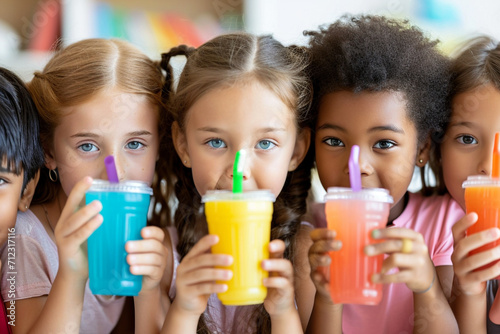 Diverse group of children holding slushie drinks