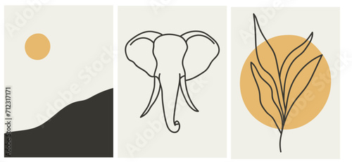 
Collection of modern simple minimalistic abstract illustrations in boho style: linear silhouette of an elephant, geometric shapes (circles) and molded plants and landscape on a beige background