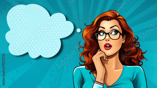 Surprised woman with thought bubble on blue background. comic book style