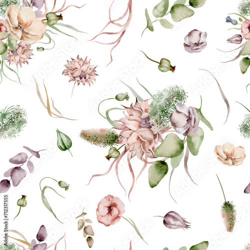 A delicate watercolor floral pattern with lots of vibrant flowers and greenery repeating seamlessly on a white background. Ideal for use in fabrics, wallpaper, wrapping paper.