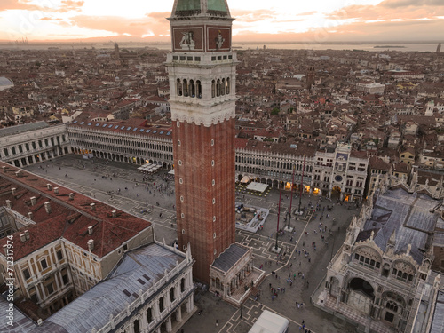 Venice panoramic cityscape landmark at sunset or night, aerial view of Piazza San Marco