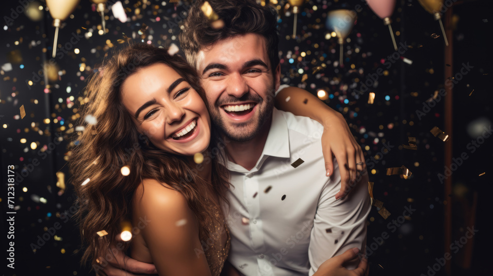 Young couple are smiling together at the party indoors