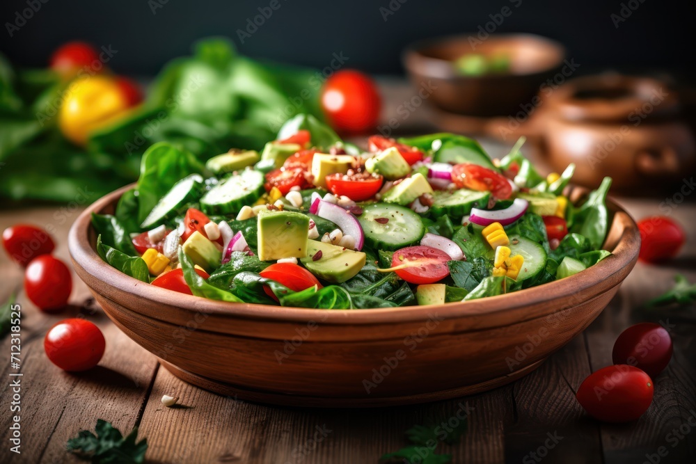 Green salad made from a mixture of green leaves and vegetables. Diet food. Food photography