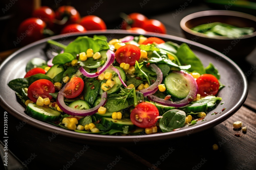 Green salad made from a mixture of green leaves and vegetables. Diet food. Food photography
