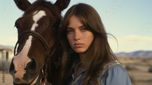 Young woman is standing outdoors with horse, portrait