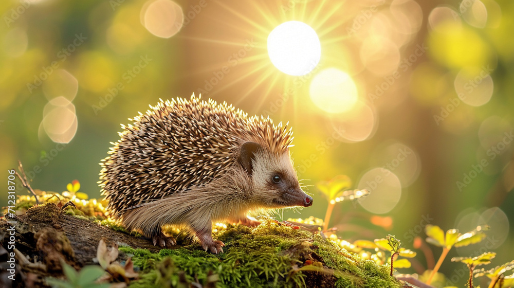 a beautiful hedgehog on a forest glade, rays of the sun a beautiful hedgehog on a forest glade, rays of the sun