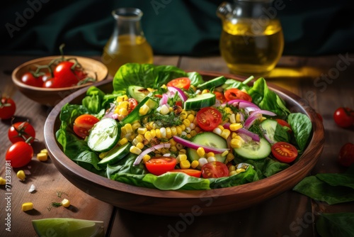 Green salad made from a mixture of green leaves and vegetables. Diet food. Food photography