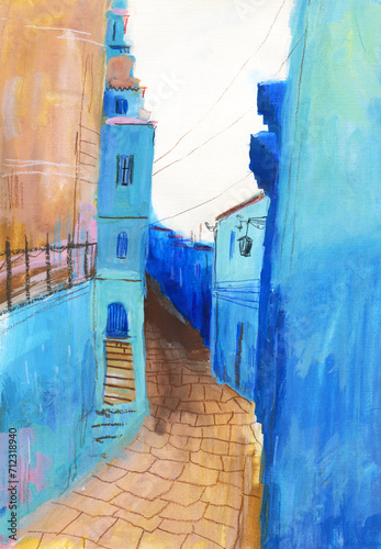 Blue town. Artistic original painting. Mixed media technic. Gouache, colored pencils, oil pastels. Illustration for kids books and magazines. © Cocodrillo Giallo