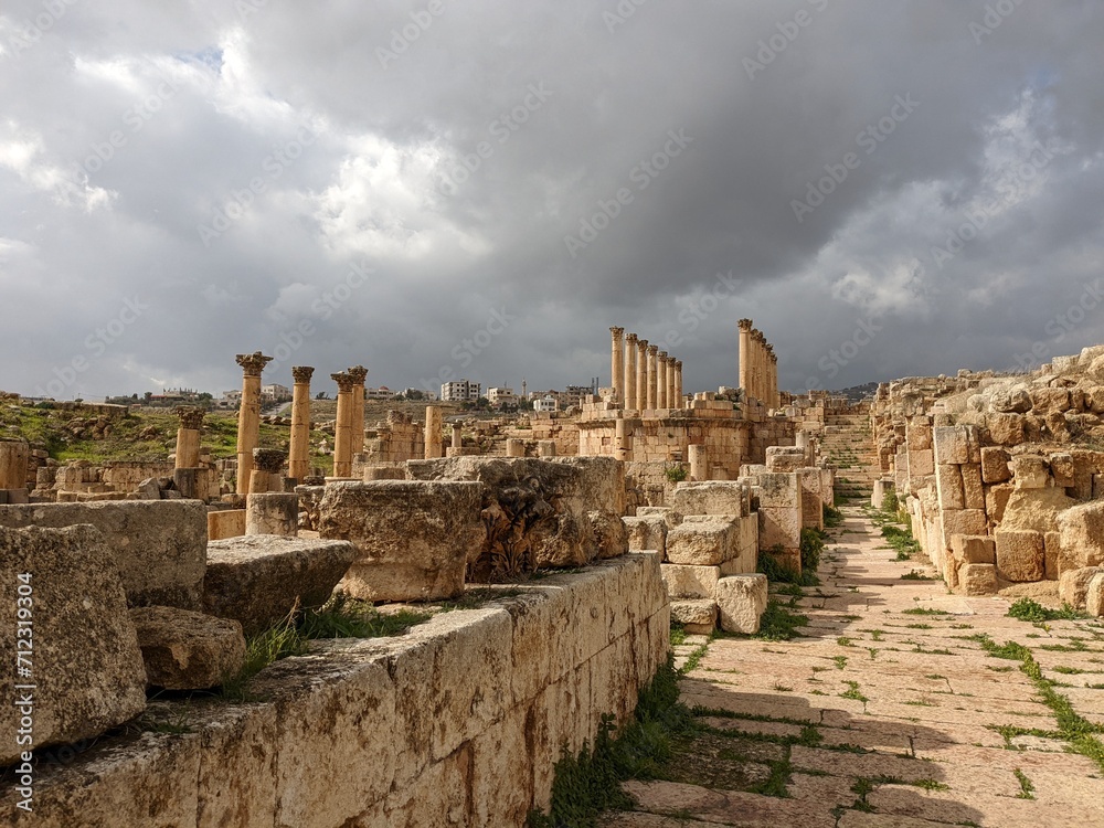 ancient Roman structures in Jerash city,Gerasa, Jordan, hippodrom, amphiteatre,theatres and columns of the ancient Roman civilization made out of sand and marble stone