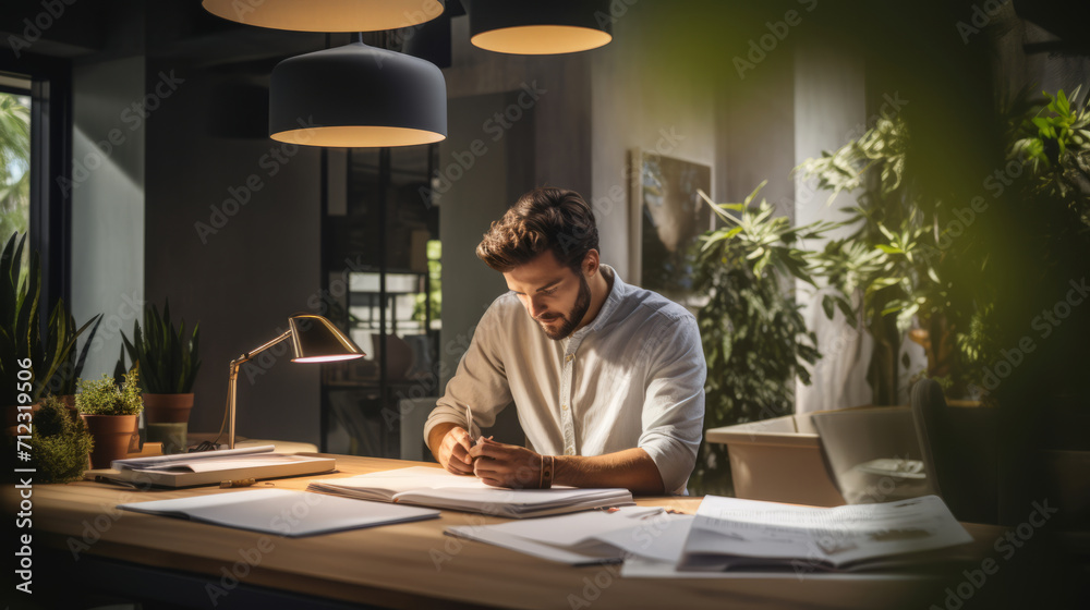 Young male architect is sitting and working on a project Young male architect is sitting and working on a project