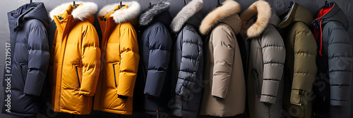 A row of winter coats and jackets in different sizes. created with technology photo
