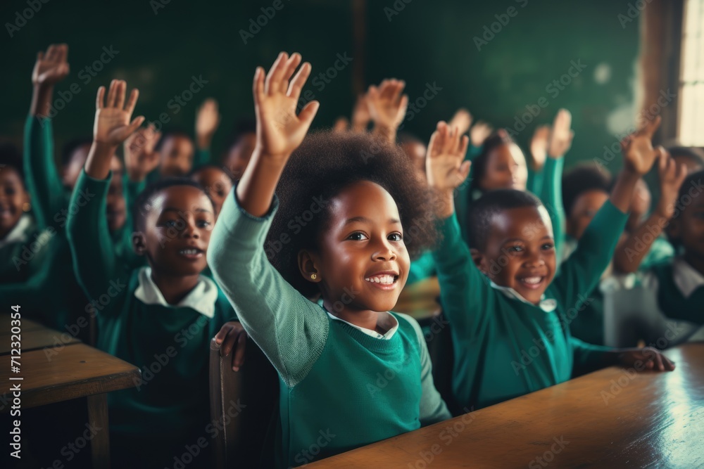Little afro american children happy and smiling raising hands at school. Generative AI. - obrazy, fototapety, plakaty 
