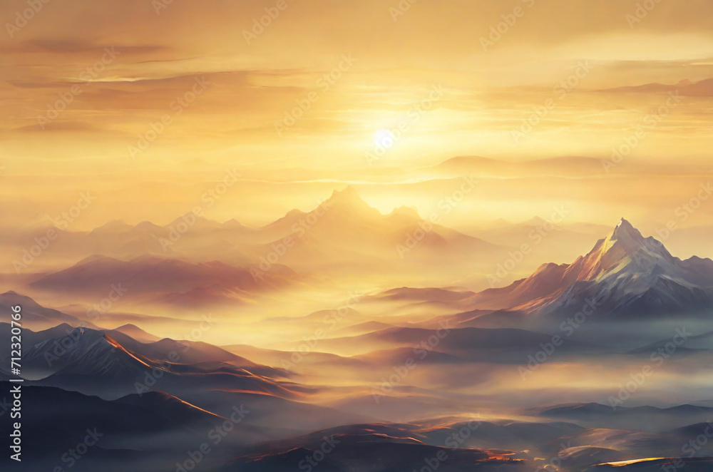 image of golden sunrise illuminating the misty mountains. The soft gradients and ethereal atmosphere can inspire breathtaking digital art pieces. Ai generative