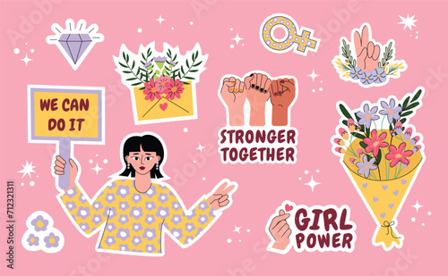 Set of stickers with fists up and feminism slogans. Strong women rights. Vector feminist movement symbols. Girl power, Women empowerment. Woman's Day. Hand-drawn bouquets of flowers. #inspireinclusion