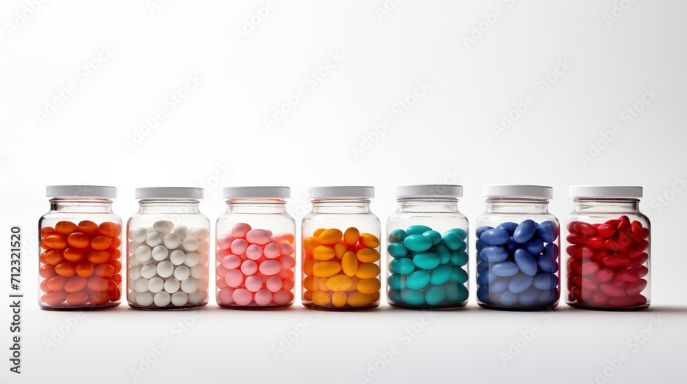 Transparent medicine containers with tablets and pills in them on a white background Transparent medicine containers with tablets and pills in them on a white background