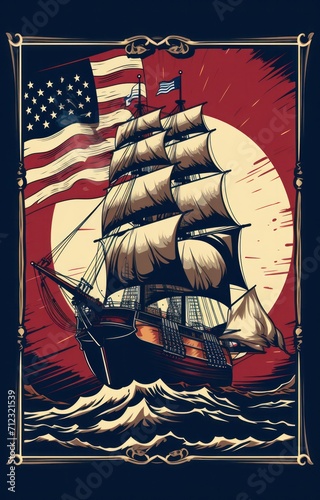 Happy Columbus day - american national holiday. Flag of USA and sailing ship caravel Santa Maria. Vintage style. photo