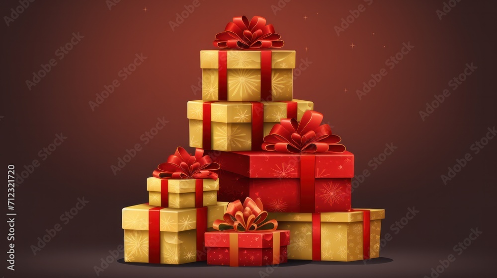 Obraz premium Stack of Christmas gift boxes. Holiday celebration concept. On beautiful defocused bokeh background with copyspace for your text. Red and gold colored.