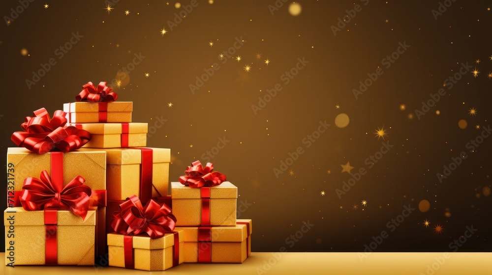 Stack of Christmas gift boxes. Holiday celebration concept. On beautiful defocused bokeh background with copyspace for your text. Red and gold colored. Stack of Christmas gift boxes. Holiday celebration concept. On beautiful defocused bokeh background with copyspace for your text. Red and gold colored.