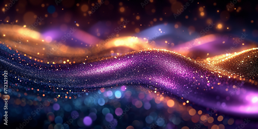 Glitter Purple Wave Stripes Design. Shiny moving lines design element with bokeh effect background - obrazy, fototapety, plakaty 