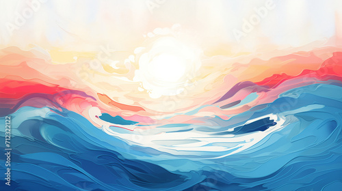 Illustration oil painted picture of Pink sunset on a blue ocean waves, landscape with the evening sea, Oil Painting, pictorial art