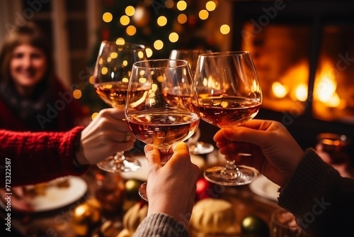 People cheers, making toasts with wine and champagne glasses at a party celebration with friends enjoy a Christmas holiday evening
