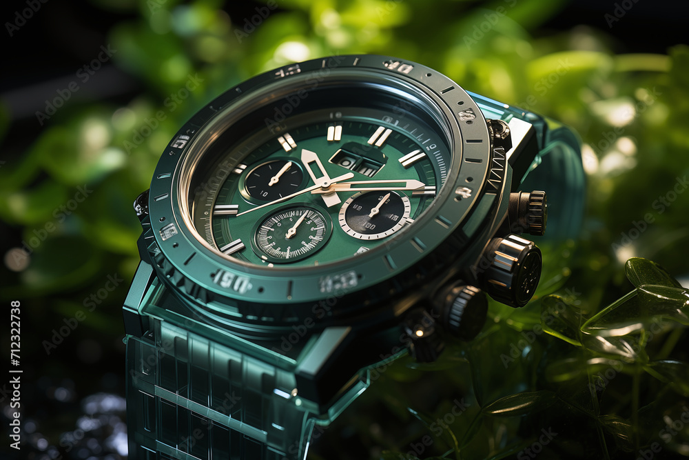 Metallic modern hand watch clock surrounded with green leaves on light green background. Ten o'clock. Front view, wallpaper. Metallic modern hand watch clock surrounded with green leaves on light green background. Ten o'clock. Front view, wallpaper.