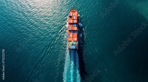 cargo ship with containers in the ocean top view