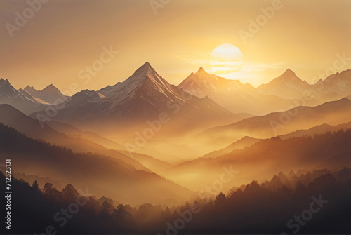 image of golden sunrise illuminating the misty mountains. The soft gradients and ethereal atmosphere can inspire breathtaking digital art pieces. Ai generative