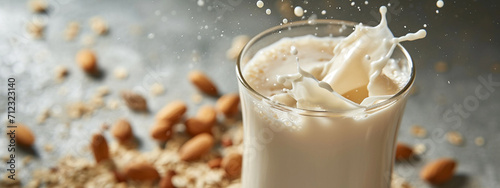 Close-up of almond milk splashing from a glass photo