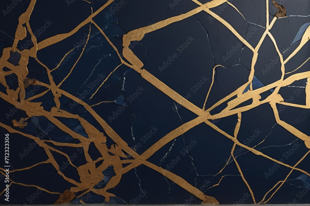 Gold kintsugi crack vector seamless pattern on black background. Golden texture. Broken marble luxury stone pattern effect. Foil wallpaper glitter graphic. Wedding card template. Cover surface