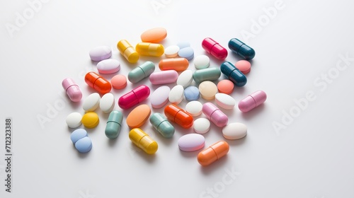 Multiple colorful pills and tablets on a white background