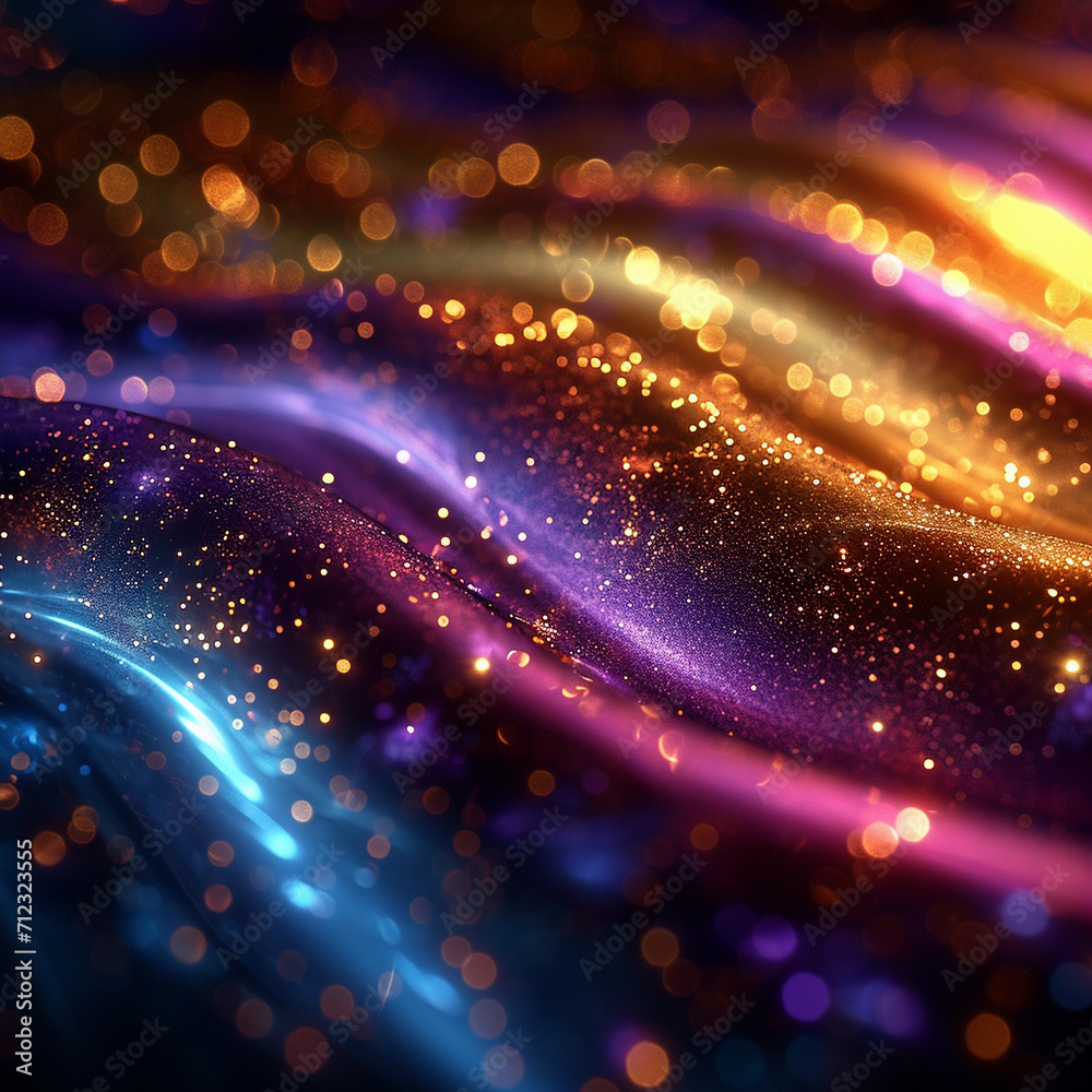 Glitter Colorful Golden Wave Stripes Design. Shiny moving lines design element with bokeh effect background