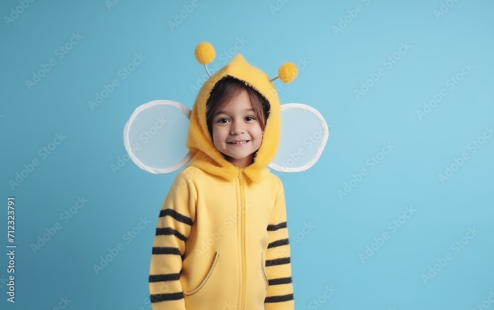 a child in a bee costume, standing at full height, smiling, on a light blue background, space for text 