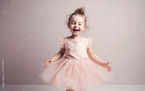 child in a ballerina costume, smiling, on a light background, space for text 