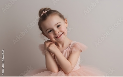 child in a ballerina costume, smiling, on a light background, space for text 