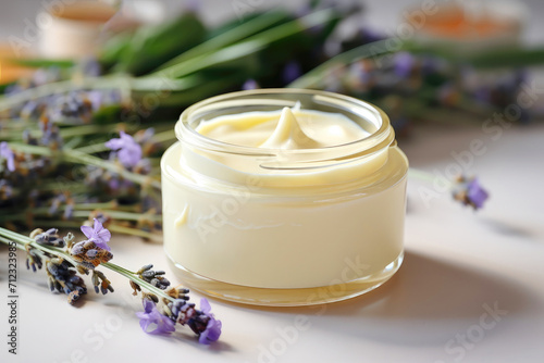 A jar of cosmetics on a white background complemented with lavender flowers, a beauty and skincare concept © Виктория Марьенко