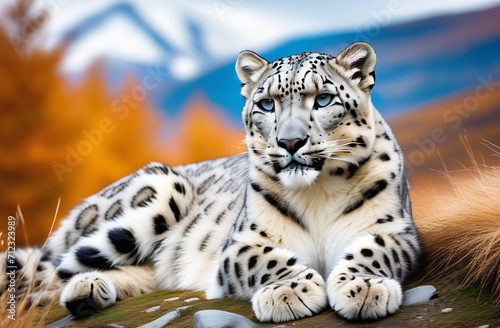 
snow leopard lies close-up against the background of autumn nature, mountains, yellow leaves