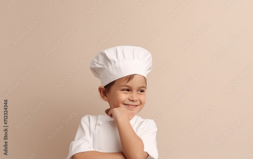 curly-haired child in a chef's costume, smiling, on a light background, space for text curly-haired child in a chef's costume, smiling, on a light background, space for text