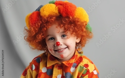 child in a clown costume, smiling, on a light background, space for text