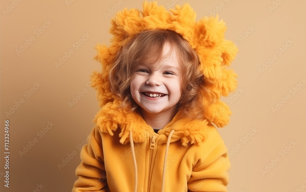 child in a lion costume with a tail, smiling, on a light background, space for text child in a lion costume with a tail, smiling, on a light background, space for text