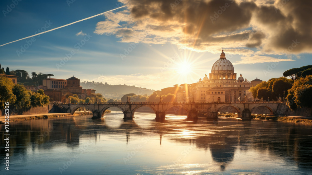 Obraz premium Autumnal beauty unfolds as a bridge spans across the scene, under a serene blue sky with billowing white clouds, complementing the charm of an old European city