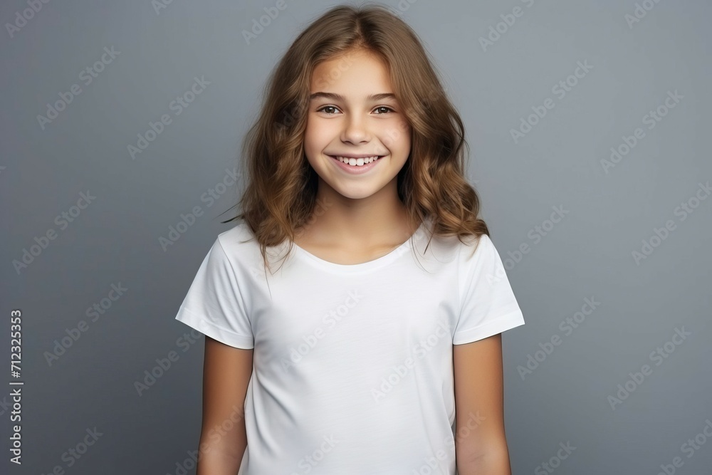 Portrait of a pretty smiling 7-year-old girl in a white T-shirt on a gray background, copy space. Happy child, childhood Portrait of a pretty smiling 7-year-old girl in a white T-shirt on a gray background, copy space. Happy child, childhood