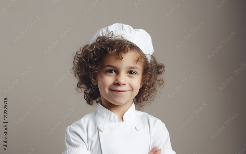 curly-haired child in a chef's costume, smiling, on a light background, space for text curly-haired child in a chef's costume, smiling, on a light background, space for text