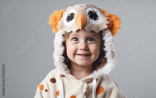child in an owl costume, smiling, on a light background, space for text 