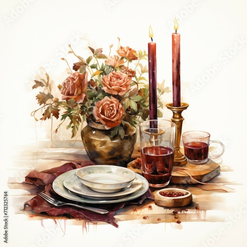 Candlelit dinner in watercolor style. AI generate illustration
