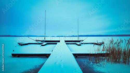 Boat on the Lake - Winter - Snow - Cold - Landscape - Ice - Sailboat - Jetty  - Moorings - Sea - Lake - Nature - Background - Rangsdorf - Brandenburg - Germany