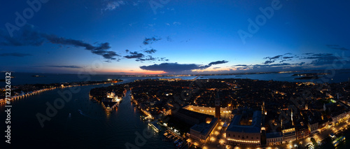 Venice panoramic cityscape landmark at sunset or night  aerial view of Piazza San Marco