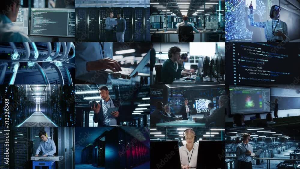 Split Multi Screen Collage in Data Center: Diverse Group of IT Specialists, Technicians, Engineers, Administrators Working, Monitoring, Optimizing Servers, SAAS Services, Cloud Computing, Networks